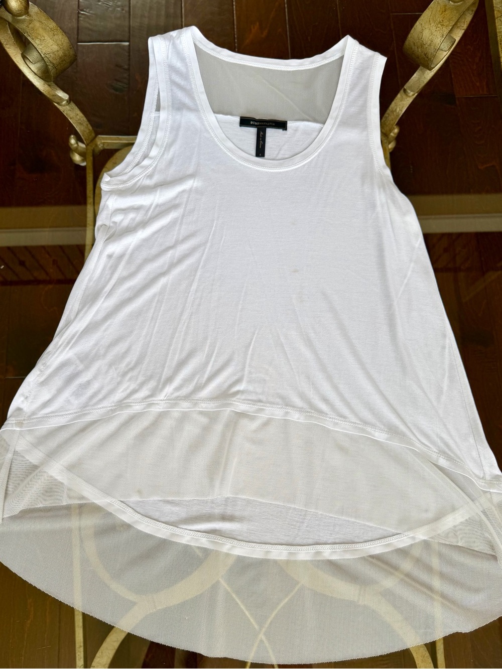 BCBGMaxAzria White Mesh-Hem Scoop Neck Tank